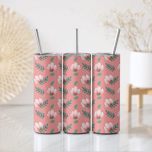 Pink Peony Floral Tumbler with Straw, Aesthetic Flower Pattern Travel Cup