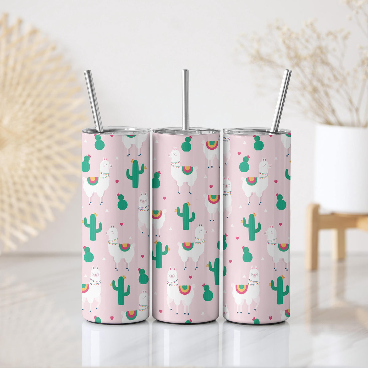 Llama and Cactus Tumbler With Straw, Pink Alpaca Pattern Coffee Cup, Trendy Travel Gift For Her