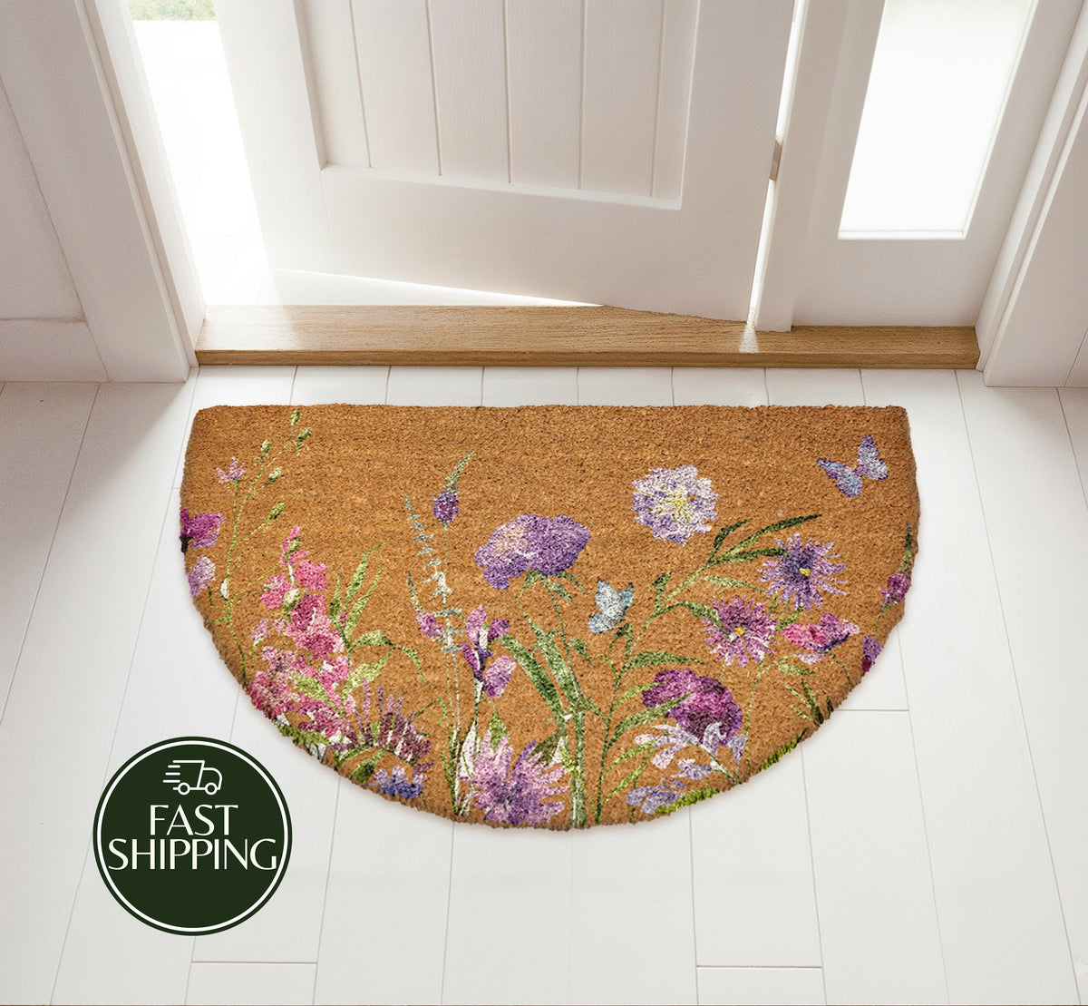 Purple Wildflower Half Moon Doormat, Lavender Floral Welcome Mat