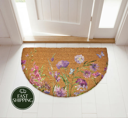 Purple Wildflower Half Moon Doormat, Lavender Floral Welcome Mat