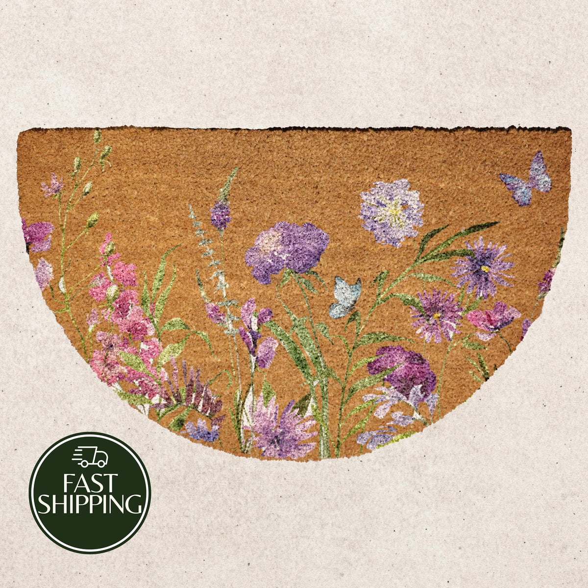 Purple Wildflower Half Moon Doormat, Lavender Floral Welcome Mat