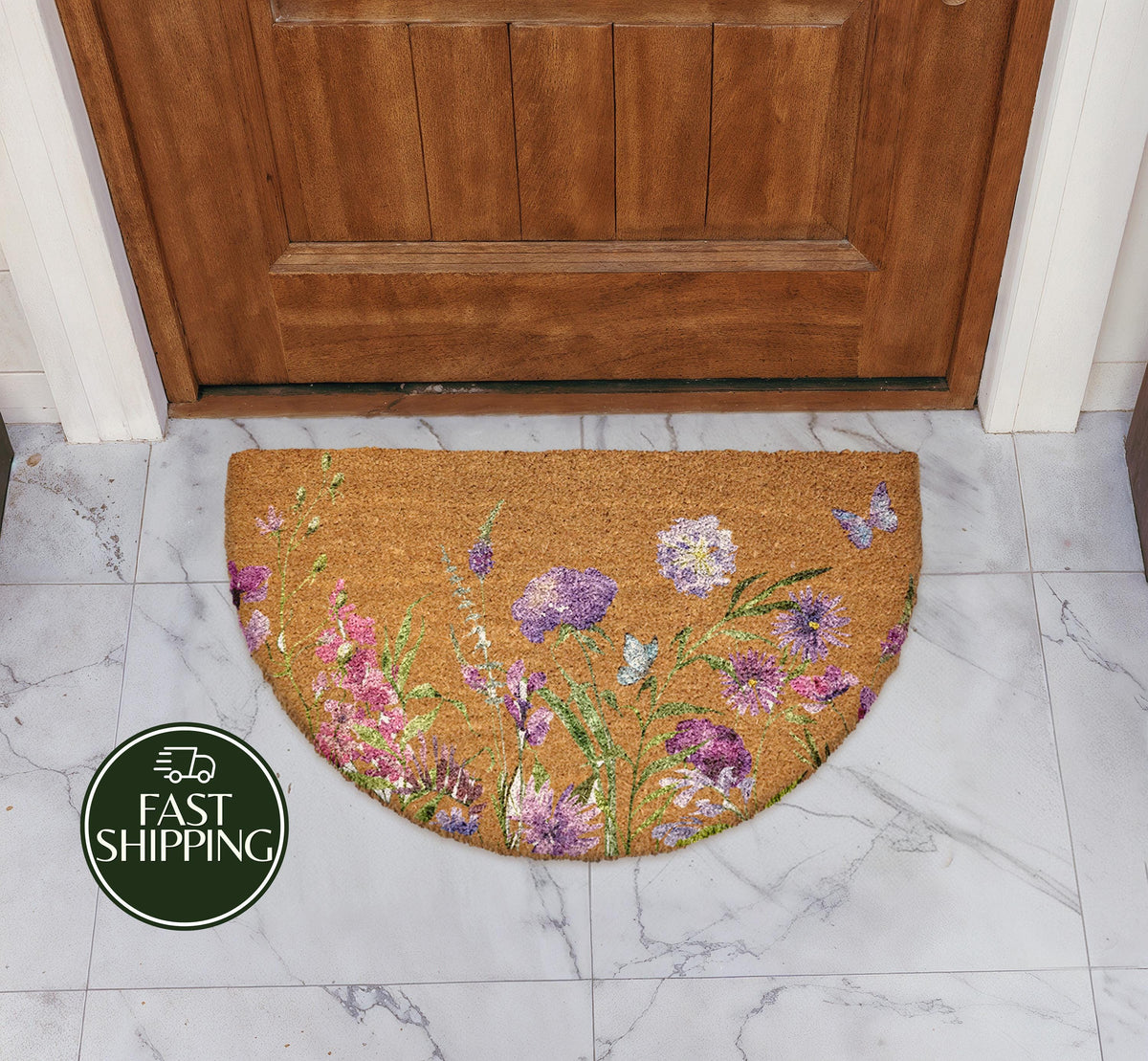 Purple Wildflower Half Moon Doormat, Lavender Floral Welcome Mat