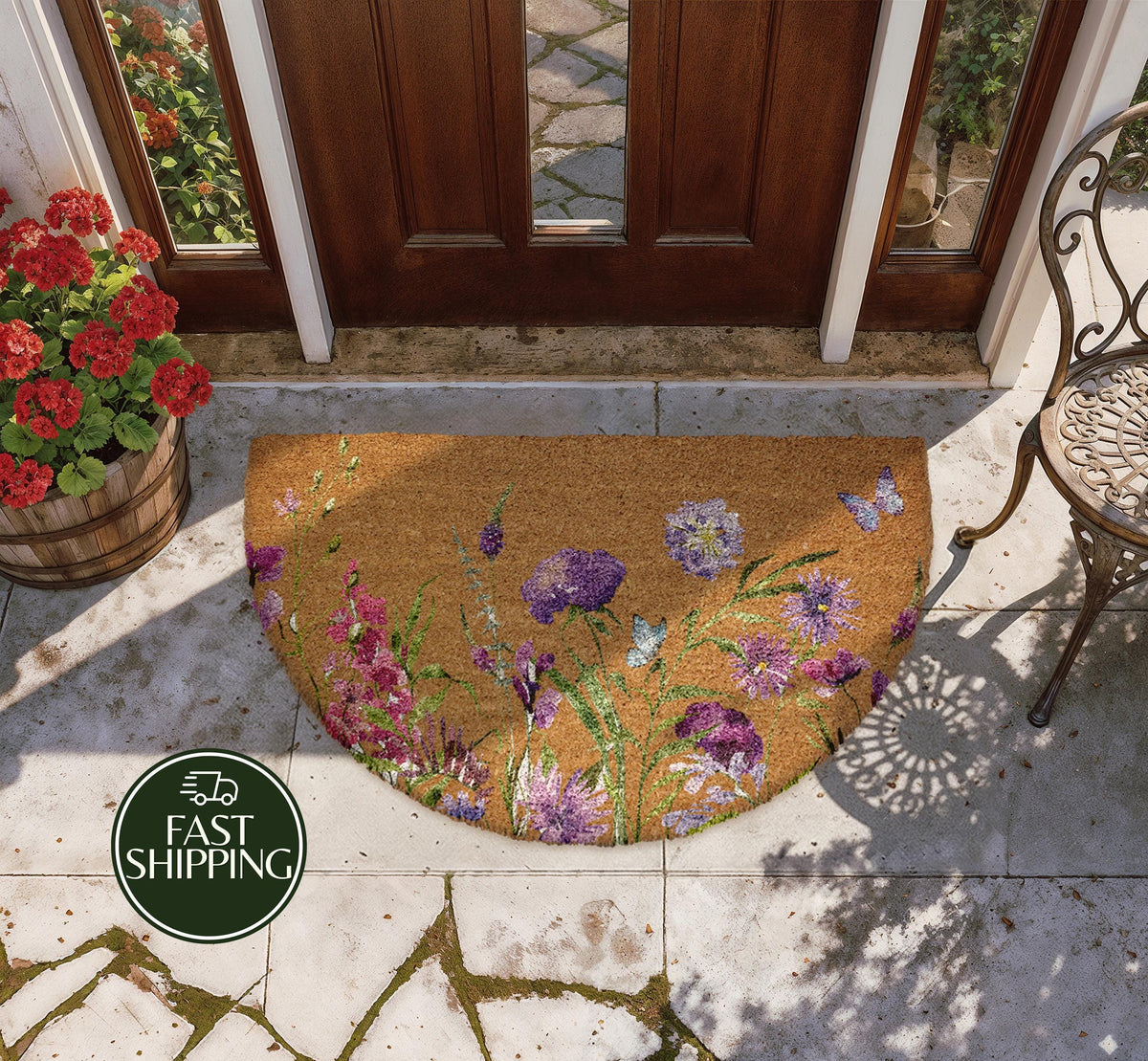 Purple Wildflower Half Moon Doormat, Lavender Floral Welcome Mat