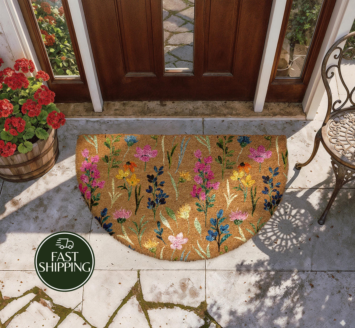 Colorful Botanical Entryway Doormat, Summer Vibe Wildflower Welcome Mat