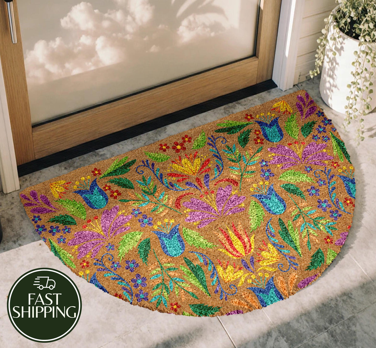 Colorful Folk Style Floral Doormat, Ethnic Boho Patterned Welcome Mat