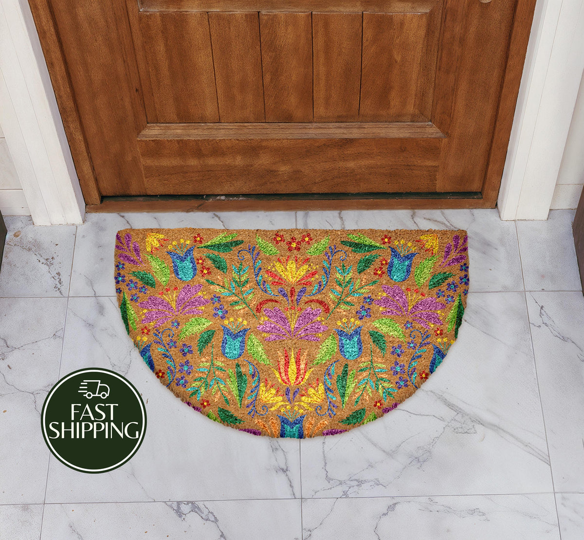 Colorful Folk Style Floral Doormat, Ethnic Boho Patterned Welcome Mat