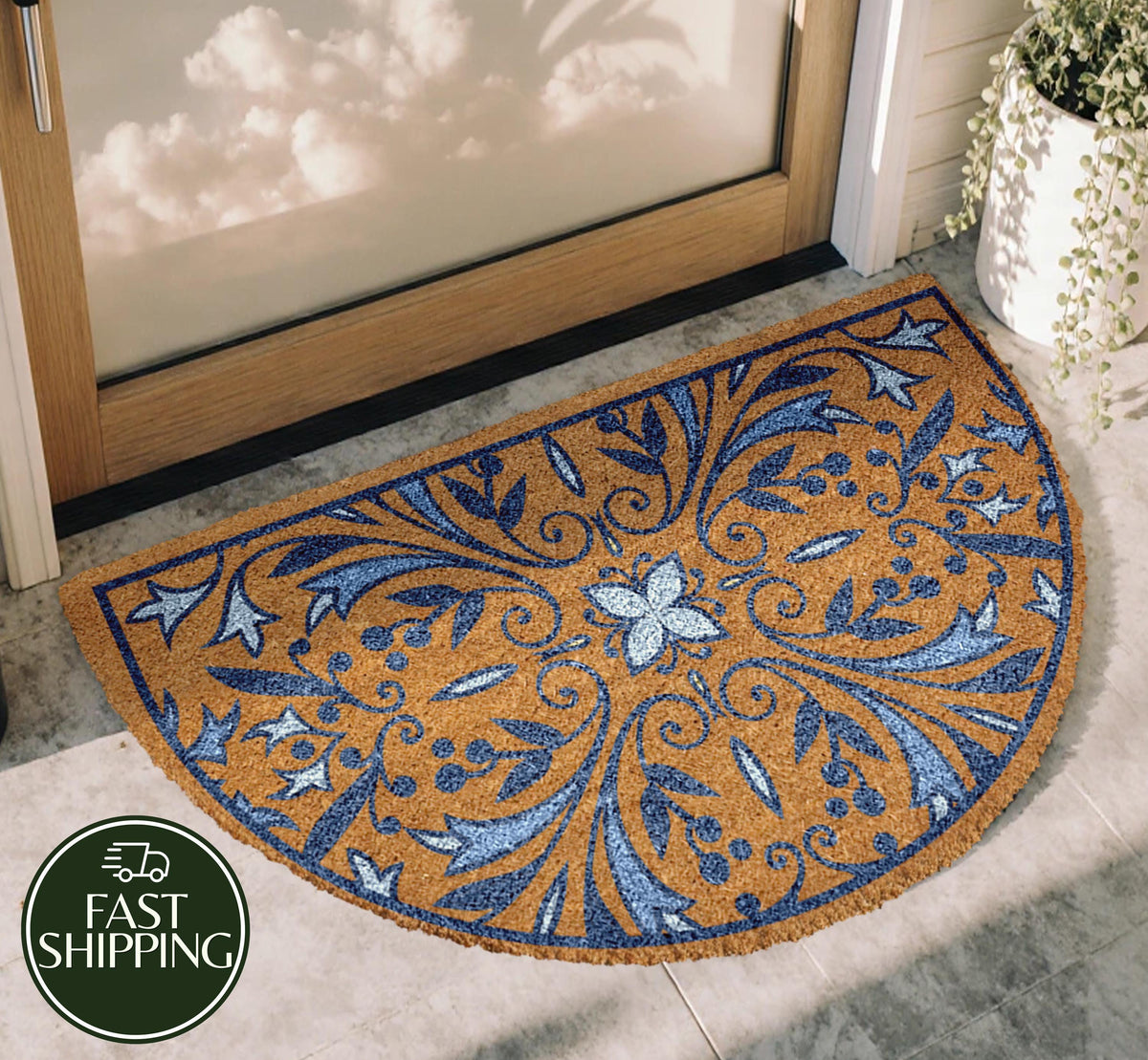 Blue Mandala Half Moon Doormat, Mediterranean Style Welcome Mat