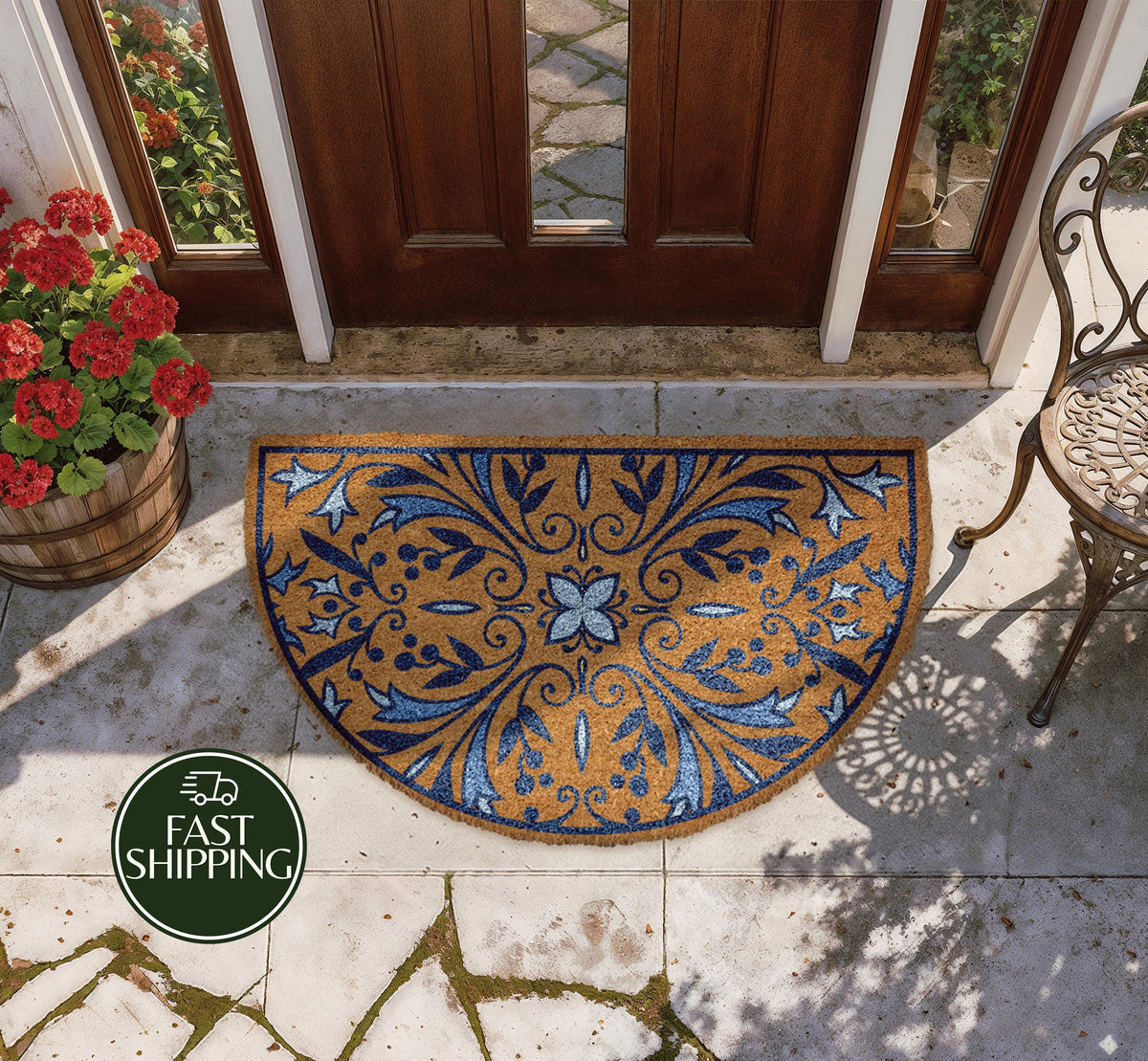 Blue Mandala Half Moon Doormat, Mediterranean Style Welcome Mat