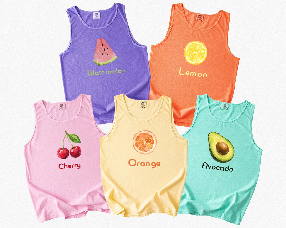 Comfort Colors® Summer Fruit Tank Top, Strawberry Watercolor Tops, Coastal Vacation Shirt, Tropical Beach Tee