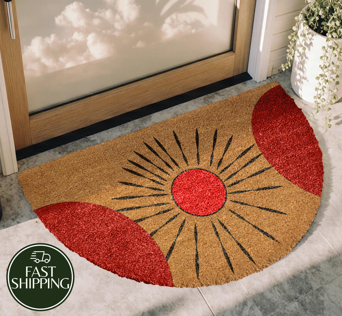 Mid-Century Modern Sun Doormat, Half Round Red Sunburst Welcome Mat