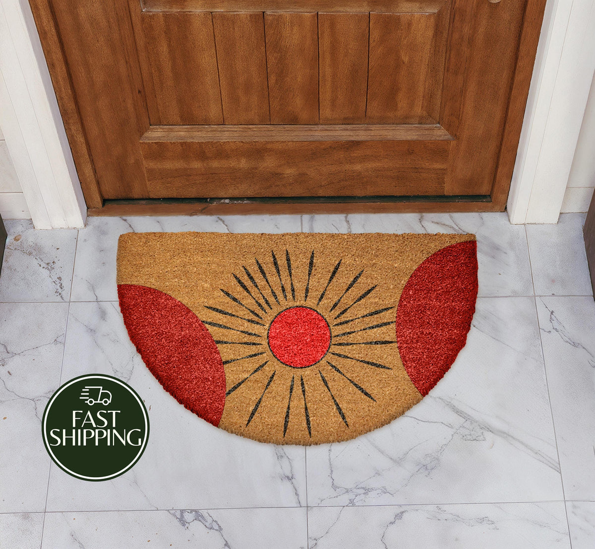 Mid-Century Modern Sun Doormat, Half Round Red Sunburst Welcome Mat