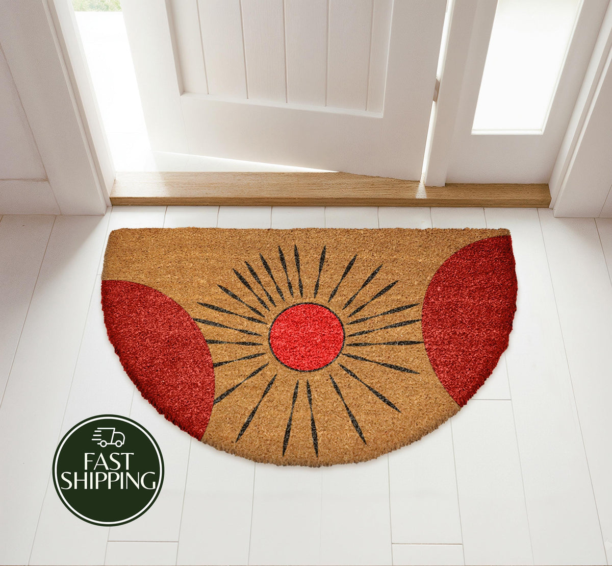 Mid-Century Modern Sun Doormat, Half Round Red Sunburst Welcome Mat