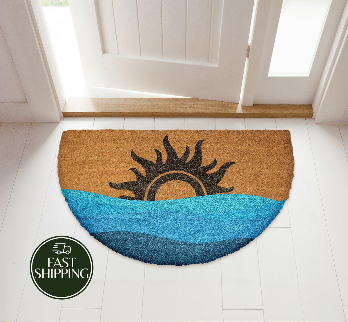 Minimalist Sea & Sun Half Round Doormat, Nautical Mid-Century Welcome Mat