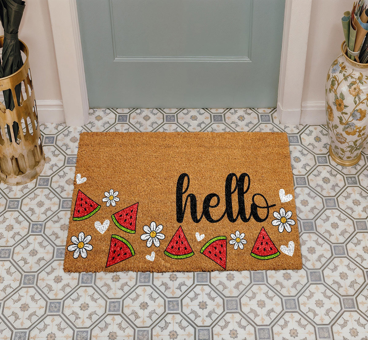 Watermelon & Daisy Doormat, Hello Door Mat, Summer Vibes Home Decor, Cute Front Porch Rug