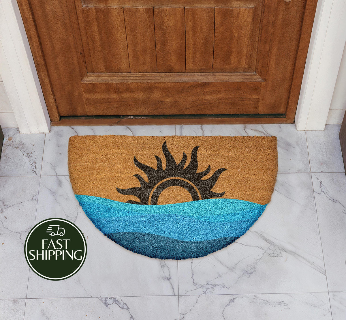 Minimalist Sea & Sun Half Round Doormat, Nautical Mid-Century Welcome Mat