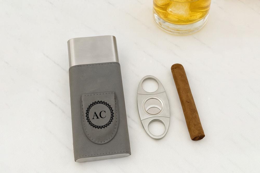 Engraved Vegan Leather Cigar Case with Cutter, Personalized Gift for Him