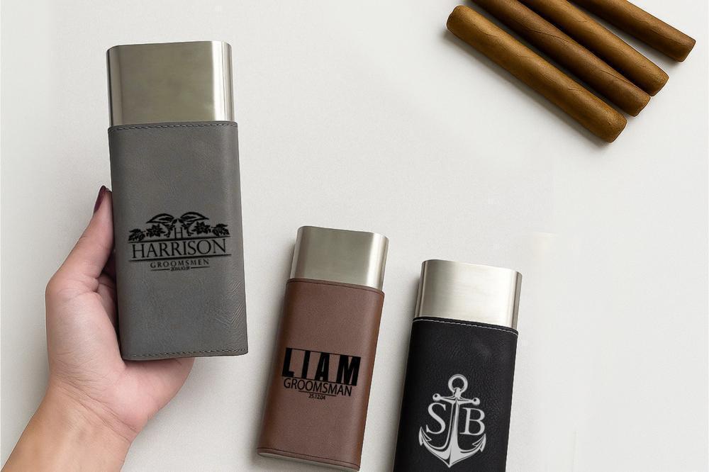 Engraved Vegan Leather Cigar Case with Cutter, Personalized Gift for Him