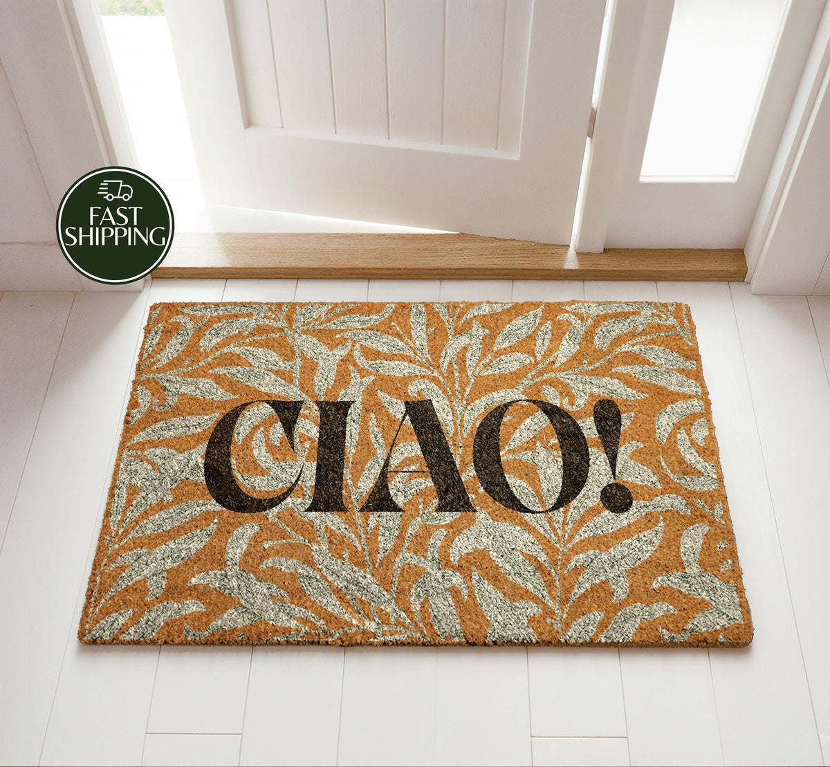 Ciao! Italian Welcome Mat, Modern Leaf Pattern Hello Doormat, Greetings Housewarming Gift
