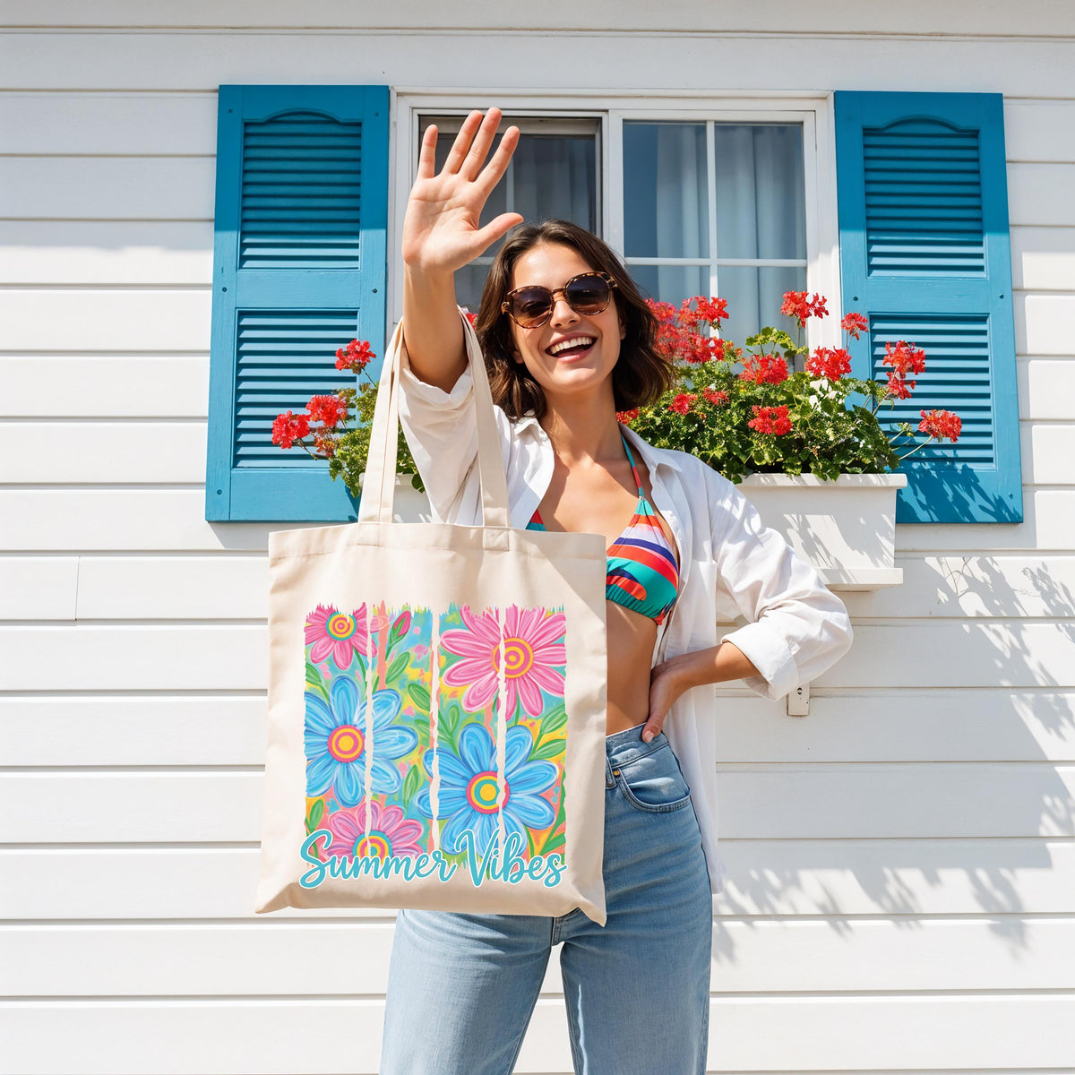 Summer Vibes Tote Bag, Floral Beach Tote, Summer Lover Gift Bag