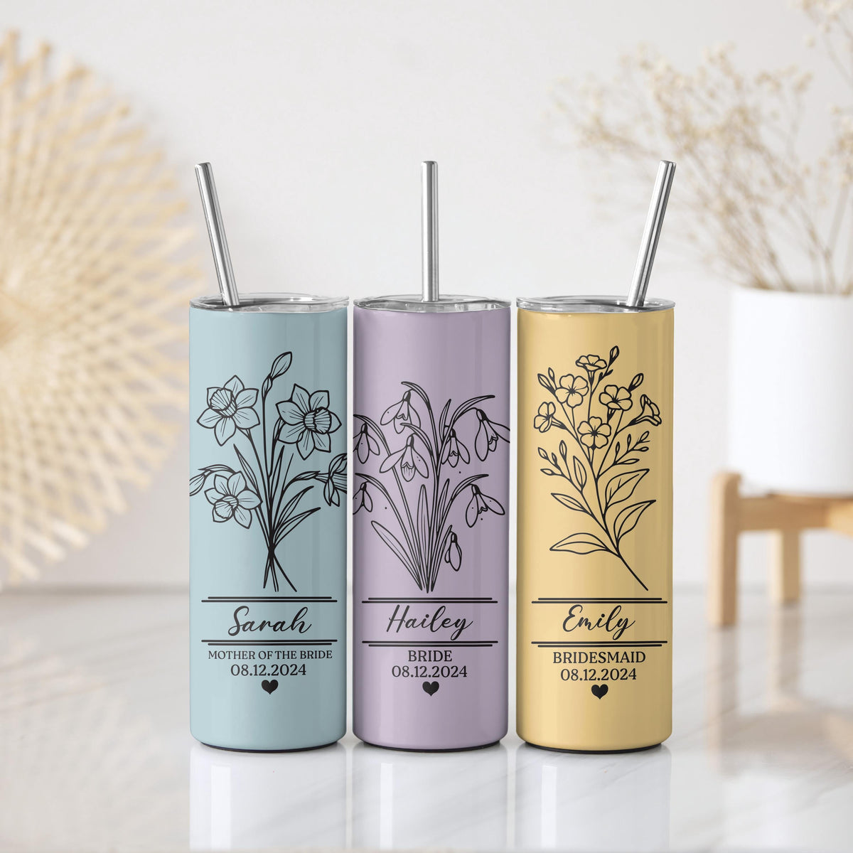 Customizable Bachelorette Stainless Steel Tumbler, Floral Wedding Date Tumbler With Straw