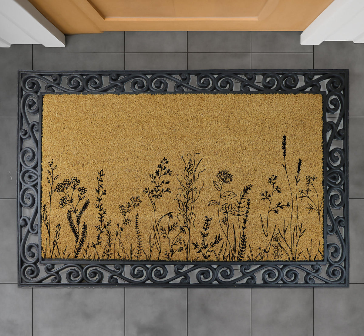 Wildflower Interchangeable Set Coir Doormat, Nature Inspired Welcome Mat With Black Frame