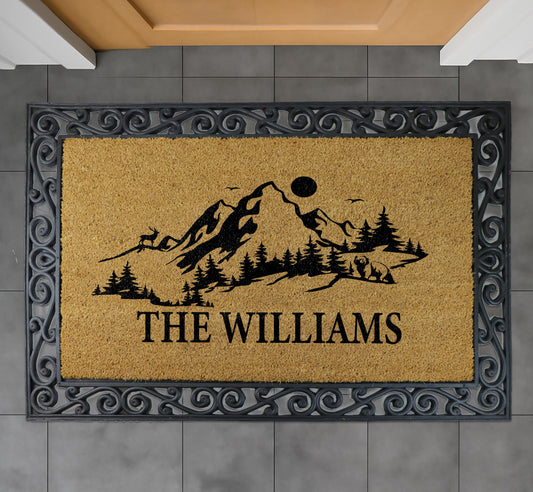 Personalized Mountain Interchangeable Set Doormat, Custom Family Name Welcome Mat With Frame