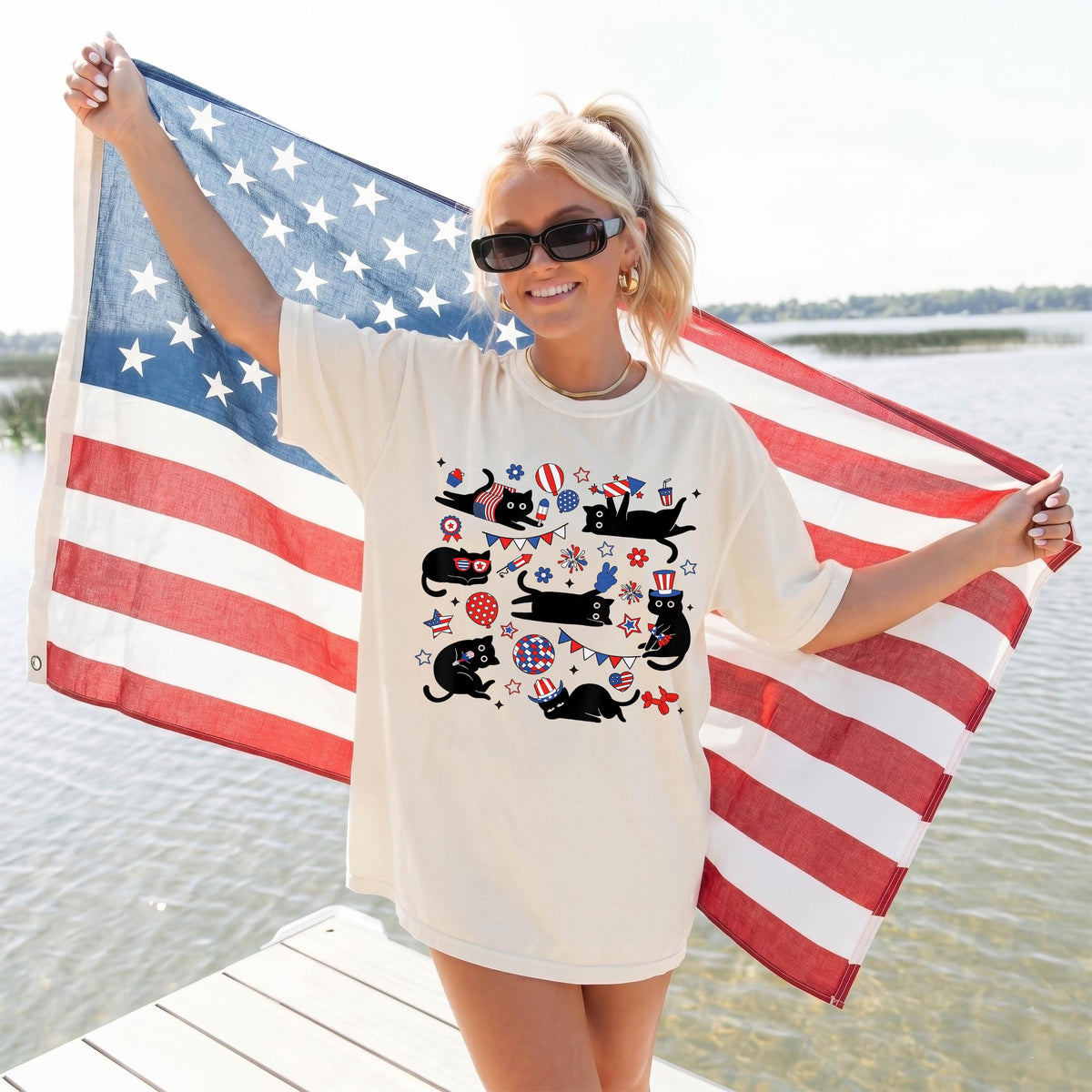 Black Cat 4th Of July Comfort Colors® Shirt, Patriotic Cats Tees, Funny Independence Day Gift, USA 250th Anniversary T-shirt