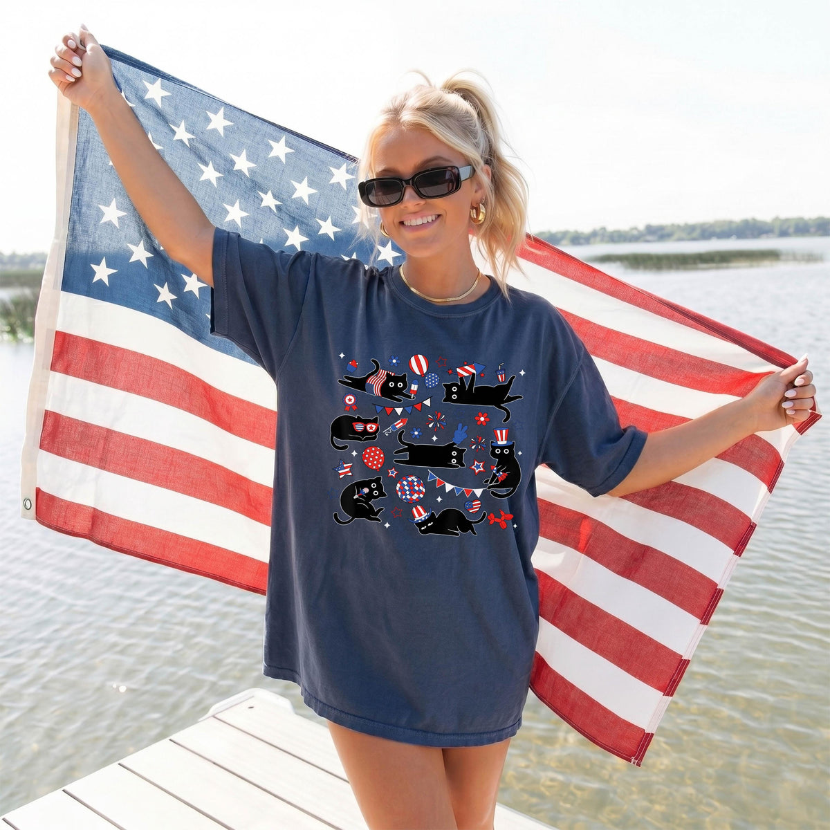 Black Cat 4th Of July Comfort Colors® Shirt, Patriotic Cats Tees, Funny Independence Day Gift, USA 250th Anniversary T-shirt