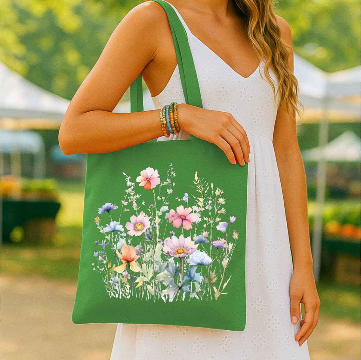 Floral Tote Bag, Wildflower Canvas Totes, Summer Vacation Bags, Watercolor Shopping Bag