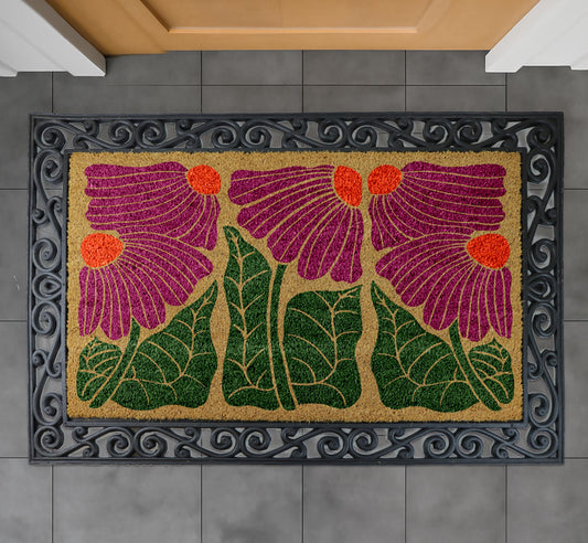 Purple and Green Floral Doormat With Black Frame, Bohemian Colorful Flower Rug
