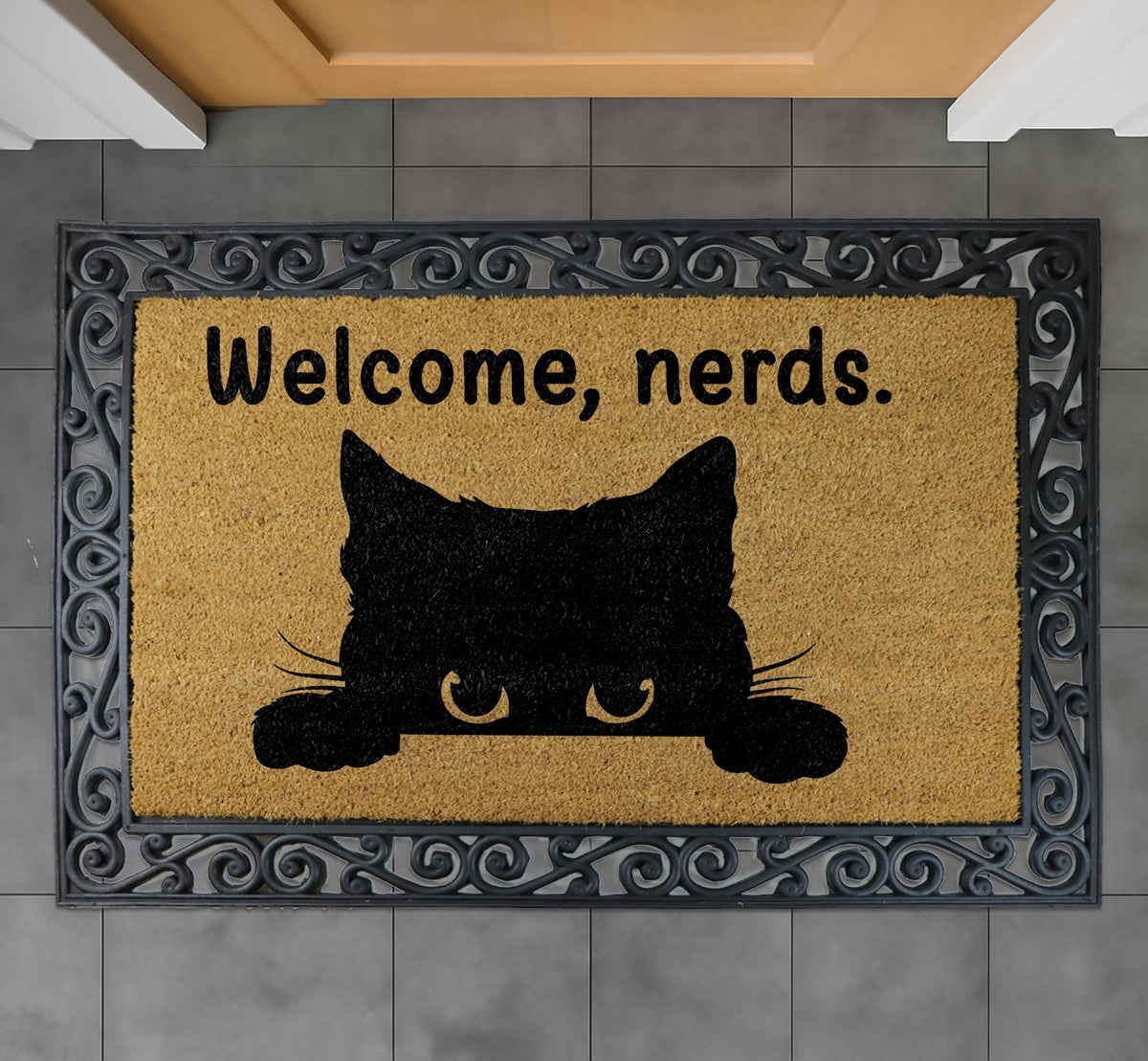 Welcome Nerds Interchangeable Set Doormat, Funny Cat Mat, Black Cat Lover Home Decor