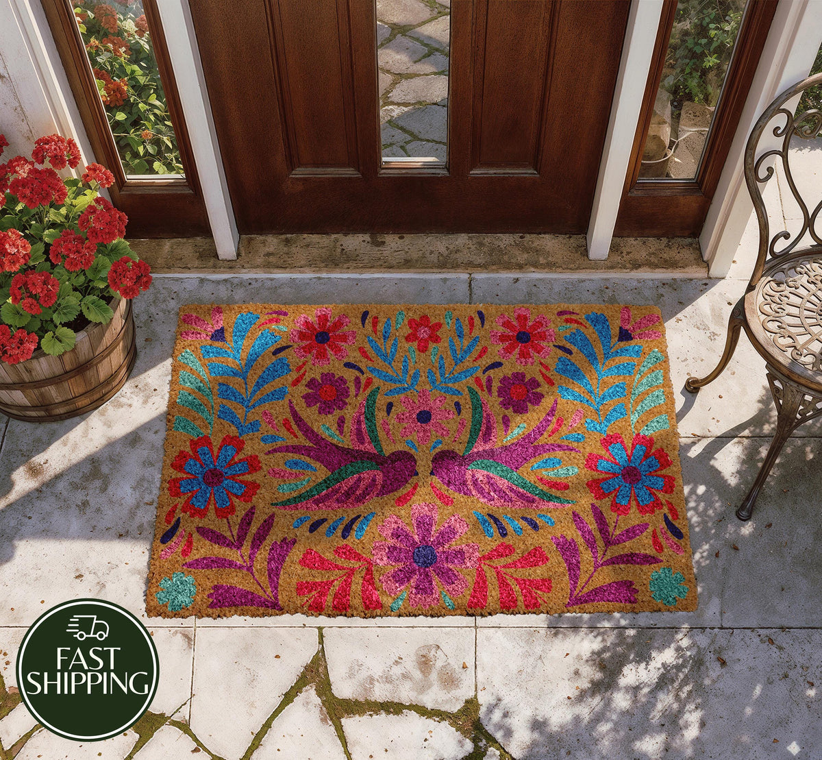 Vibrant Mexican Folk Art Doormat, Colorful Bird and Floral Welcome Mats