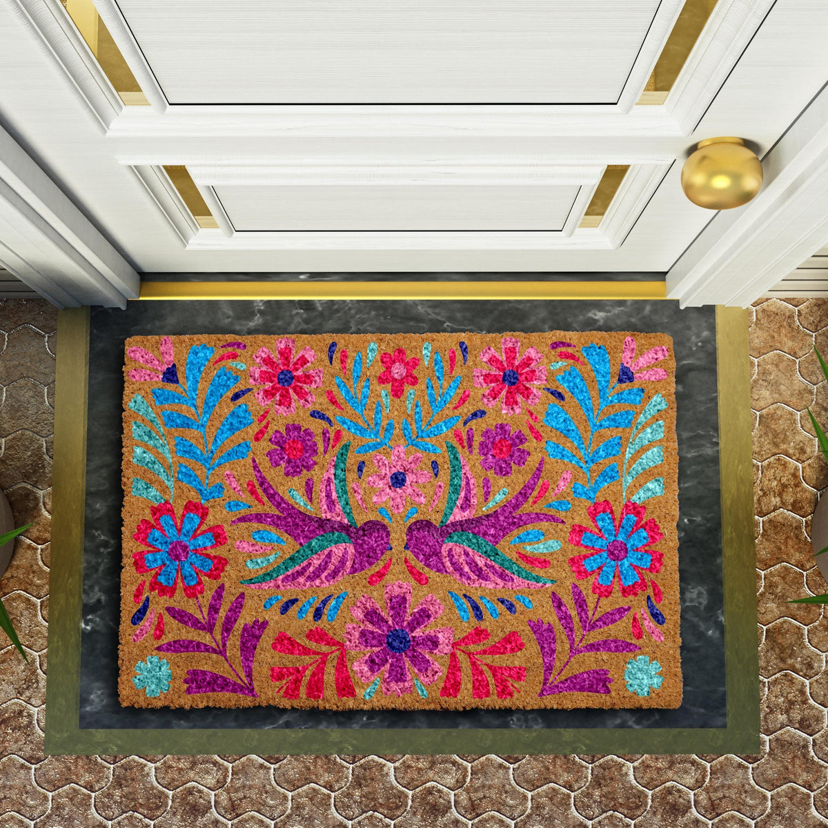 Vibrant Mexican Folk Art Doormat, Colorful Bird and Floral Welcome Mats
