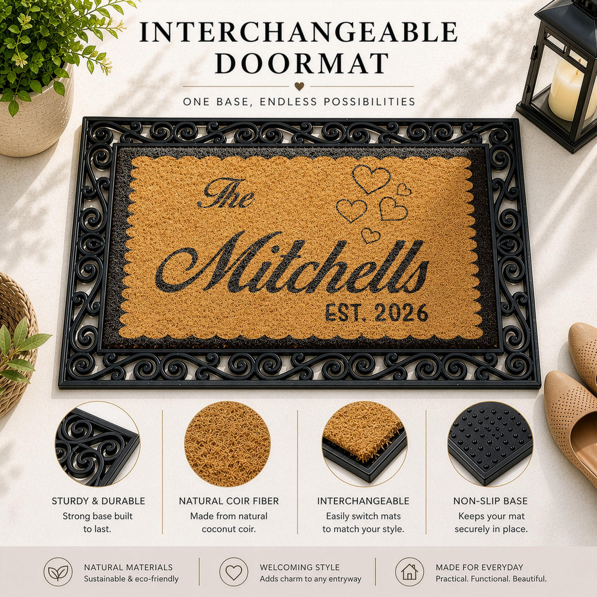 Personalized Framed Interchangeable Doormat, Custom Family Name Welcome Mat