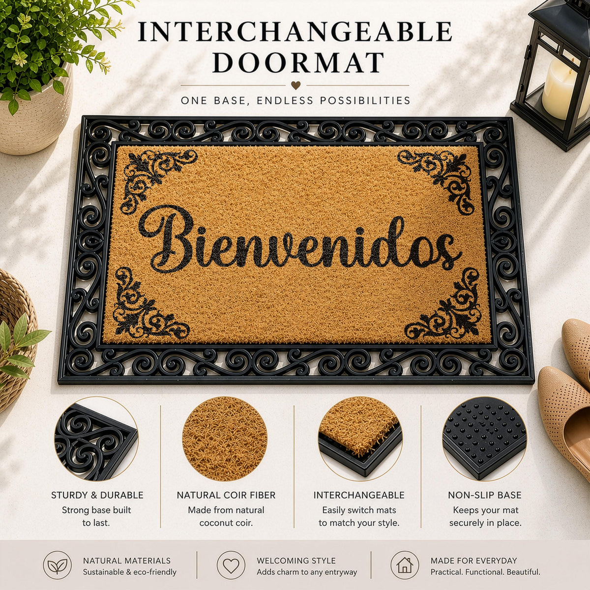 Elegant Spanish Welcome Mat, Bienvenidos Interchangeable Doormat