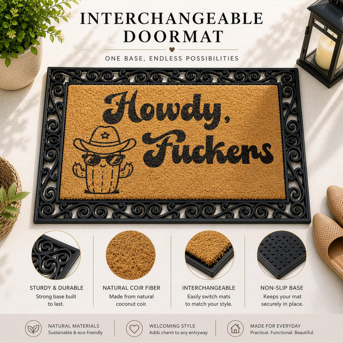 Funny Howdy Fuckers Doormat, Cowboy Cactus Interchangeable Welcome Mat