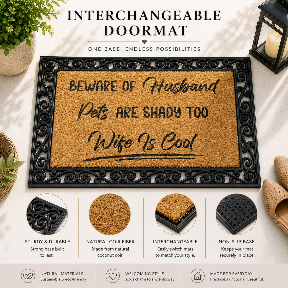 Beware of Husband Pets Are Shady Too Wife is Cool Doormat, Humorous Interchangeable Welcome Mat