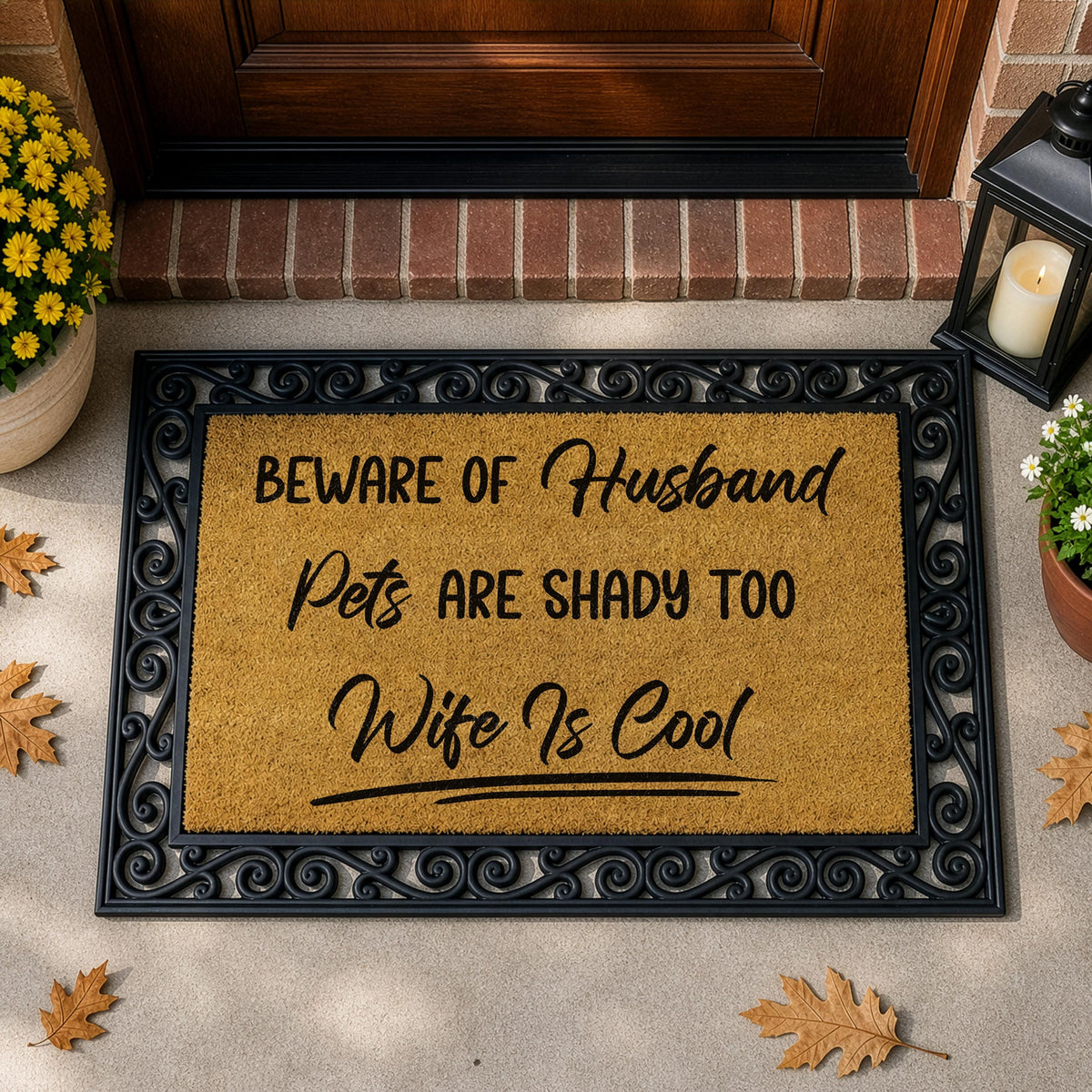 Beware of Husband Pets Are Shady Too Wife is Cool Doormat, Humorous Interchangeable Welcome Mat