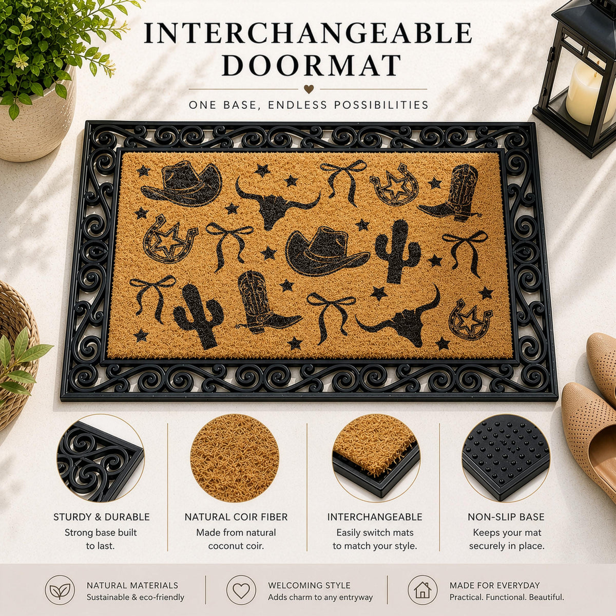 Cowboy Themed Welcome Mat, Western Style Interchangeable Doormat