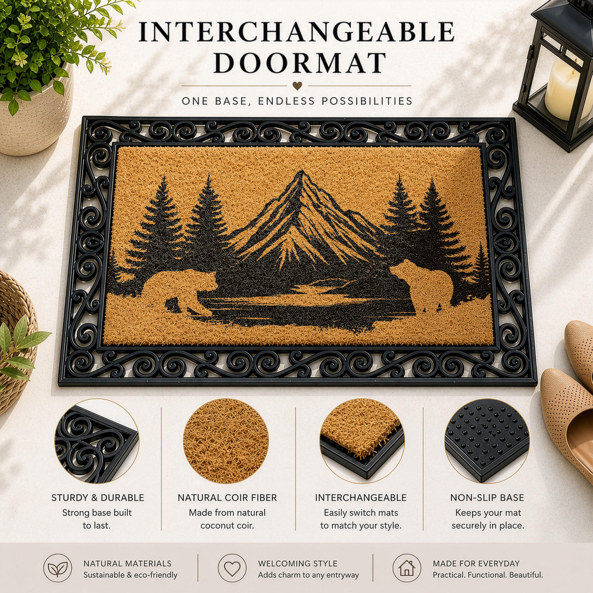 Interchangeable Mountain Cabin Welcome Mat, Bear Family & Woodland Landscape Silhouette Doormat