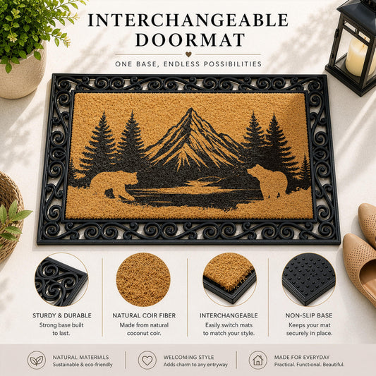 Interchangeable Mountain Cabin Welcome Mat, Bear Family & Woodland Landscape Silhouette Doormat
