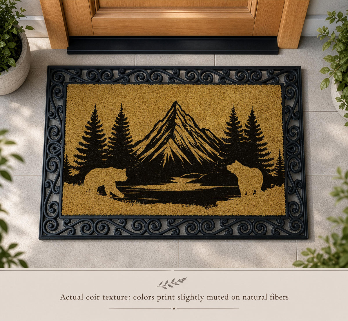 Interchangeable Mountain Cabin Welcome Mat, Bear Family & Woodland Landscape Silhouette Doormat