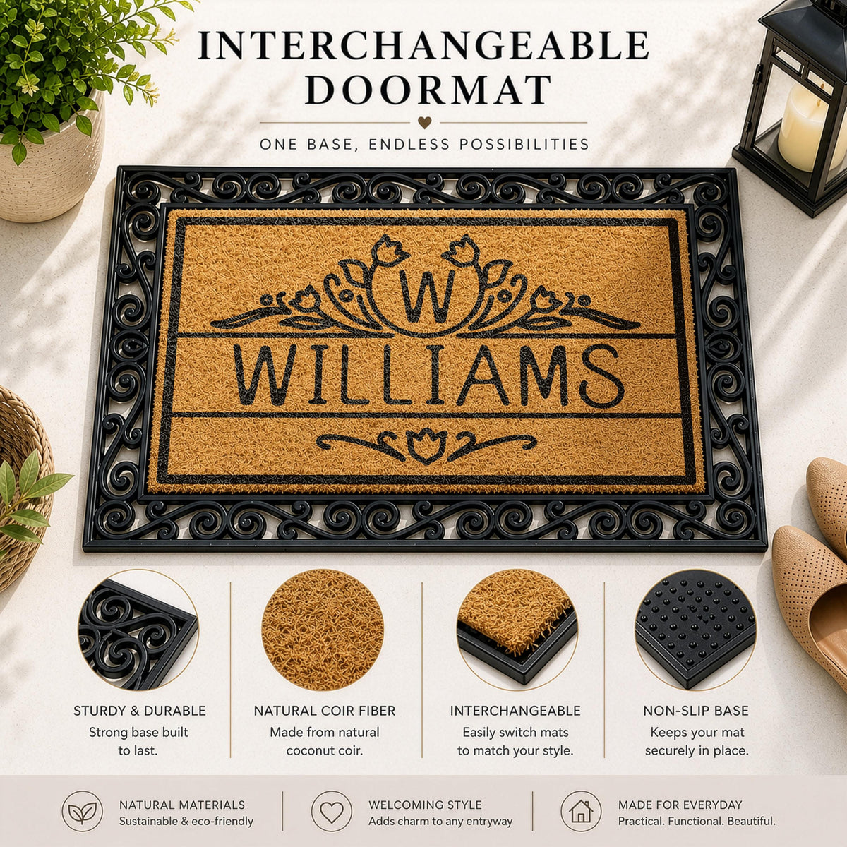 Custom Family Name Welcome Mat, Line Art Initial Interchangeable Doormat
