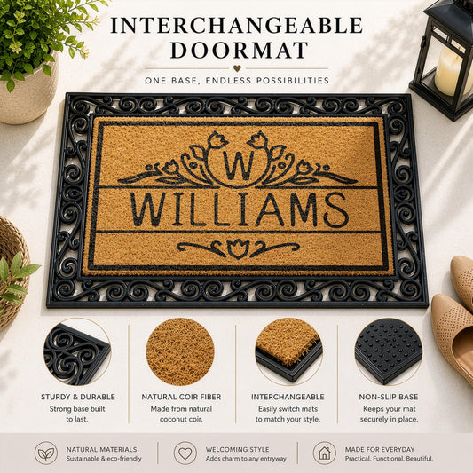 Custom Family Name Welcome Mat, Line Art Initial Interchangeable Doormat