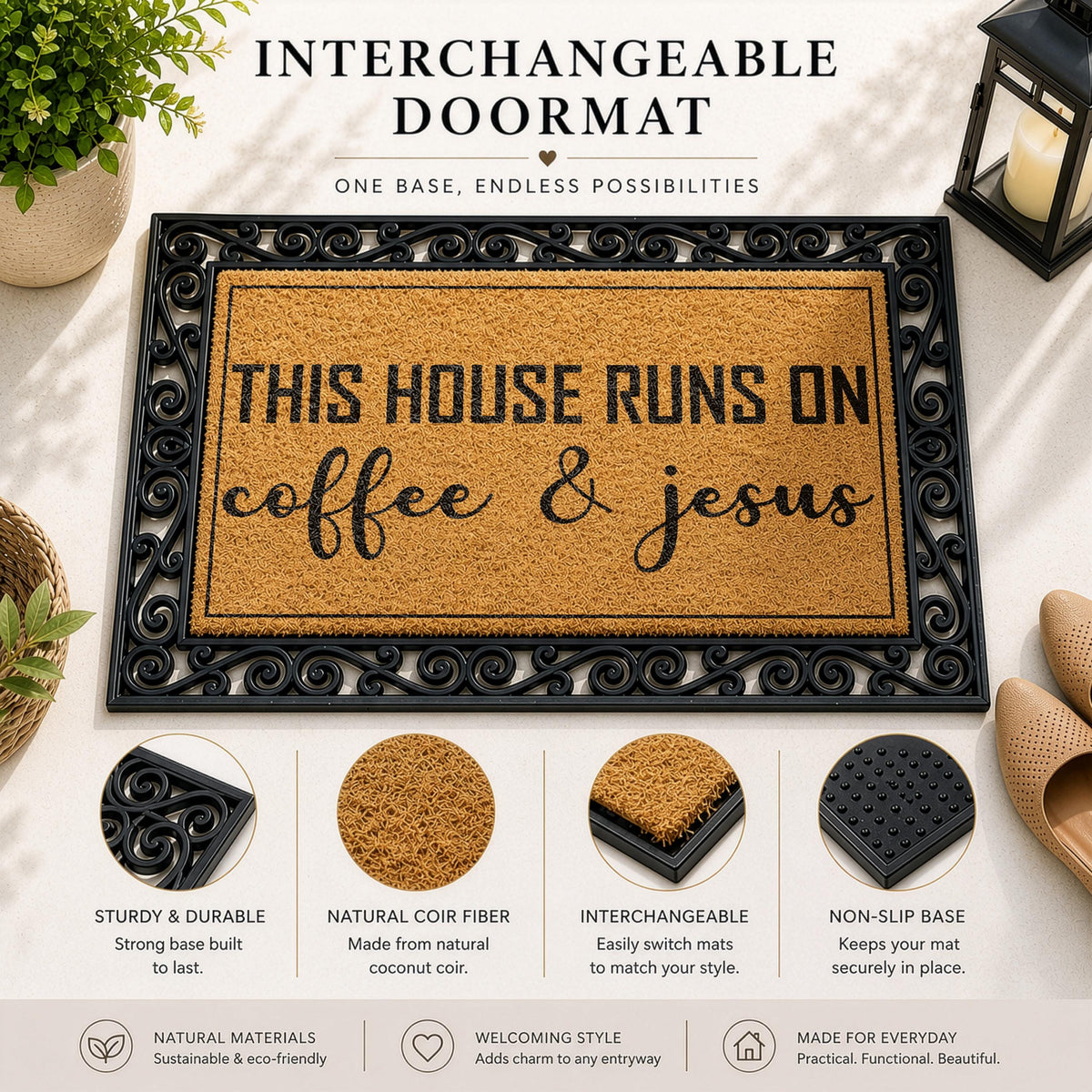 Interchangeable Religious Welcome Mat, This House Runs On Coffee & Jesus Doormat