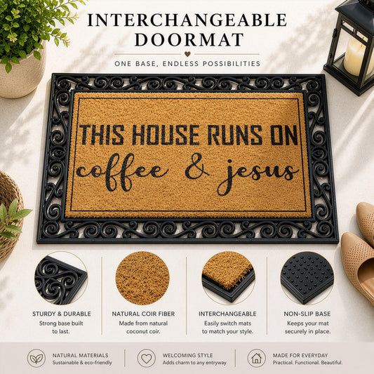 Interchangeable Religious Welcome Mat, This House Runs On Coffee & Jesus Doormat