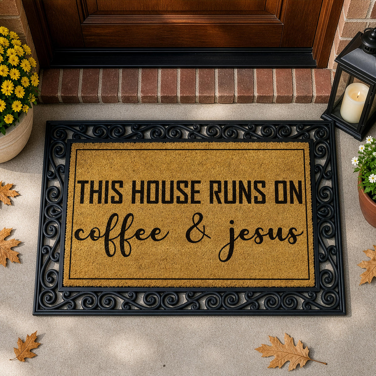 Interchangeable Religious Welcome Mat, This House Runs On Coffee & Jesus Doormat