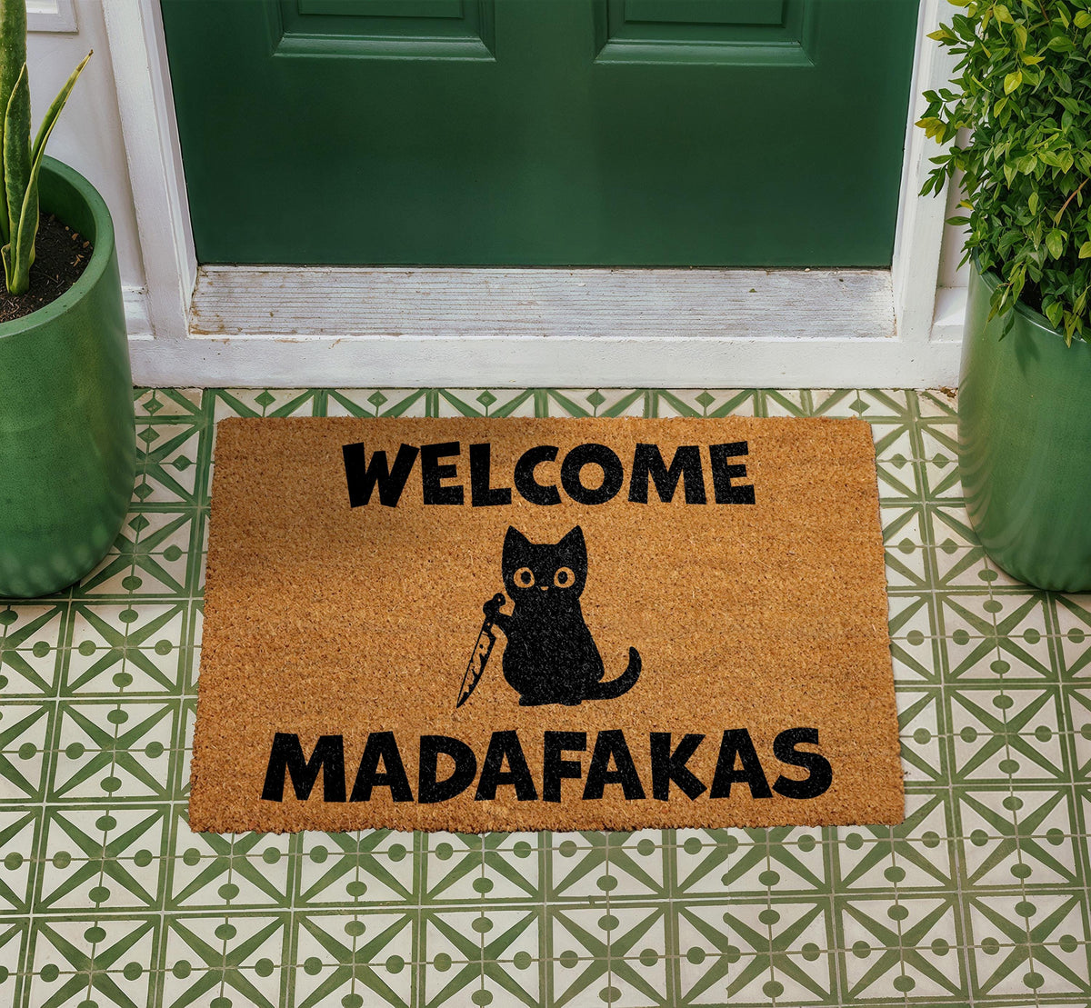 Welcome Madafakas Cat Doormat, Funny Cat with Knife Entryway Decor, Humorous Housewarming Gift