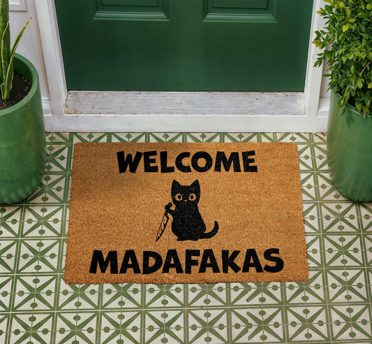 Welcome Madafakas Cat Doormat, Funny Cat with Knife Entryway Decor, Humorous Housewarming Gift