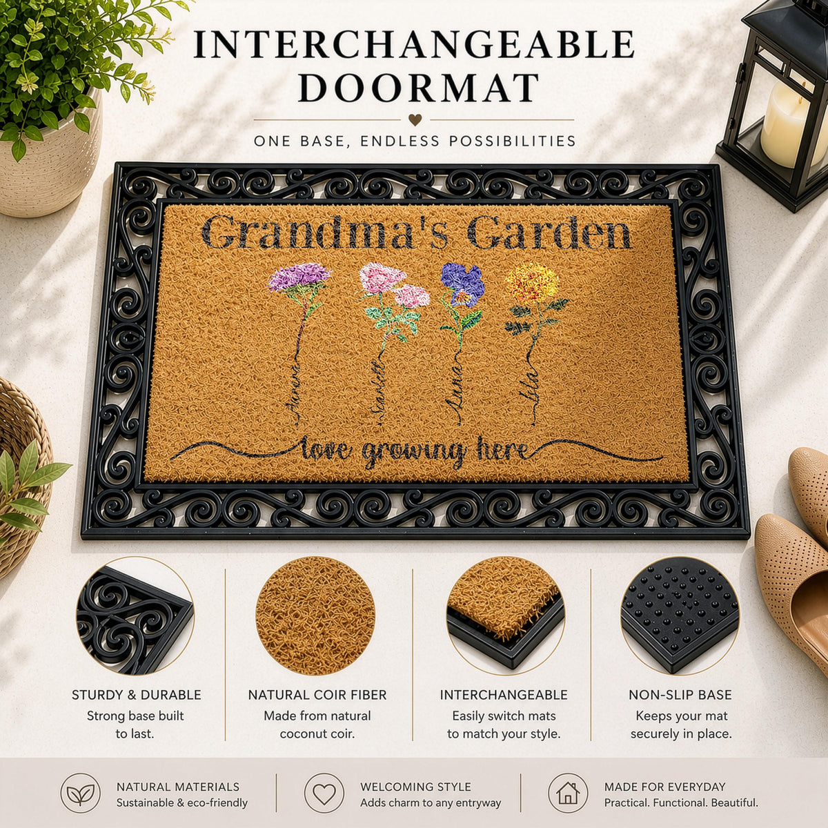 Personalized Birth Flower Design Welcome Mat, Grandma's Garden Interchangeable Doormat